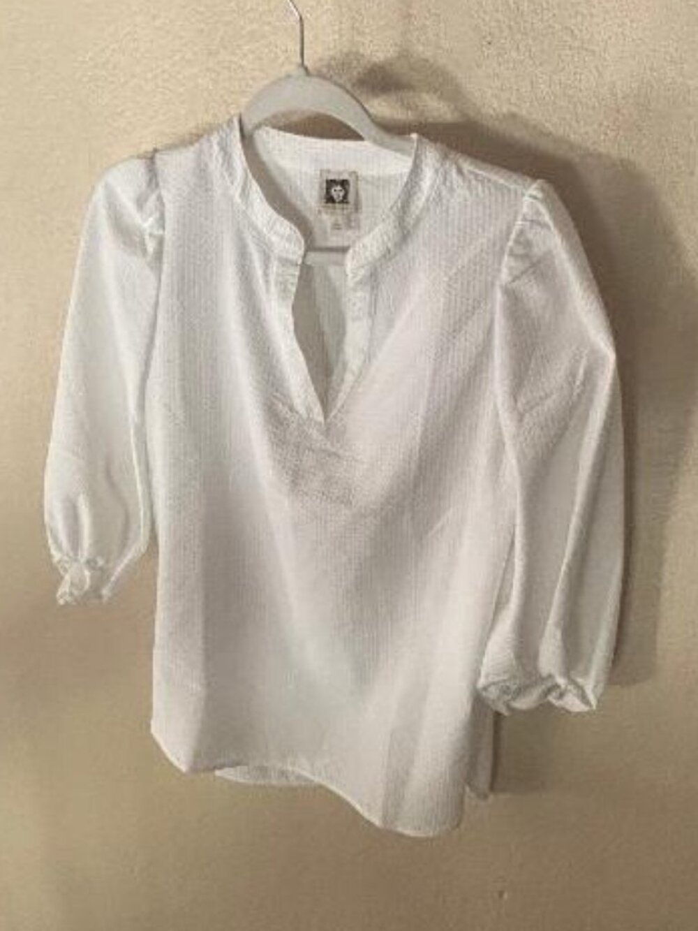 Anne Klein Women's Textured 3/4-Sleeve Popover Blouse S White V Neck NWOT